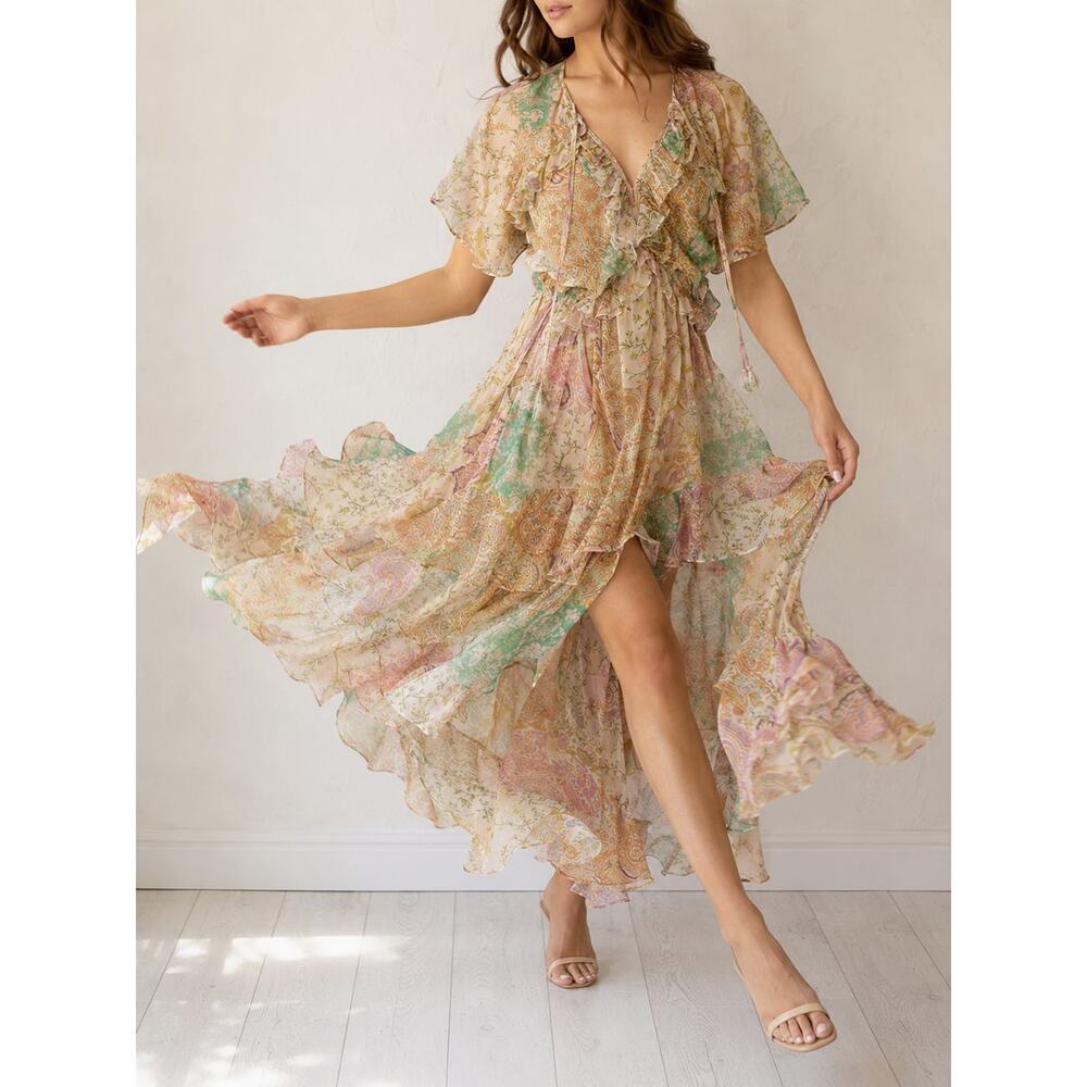 MISA Alana Maxi Dress XS Floral Patchwork Ruffle High Low Boho Chiffon